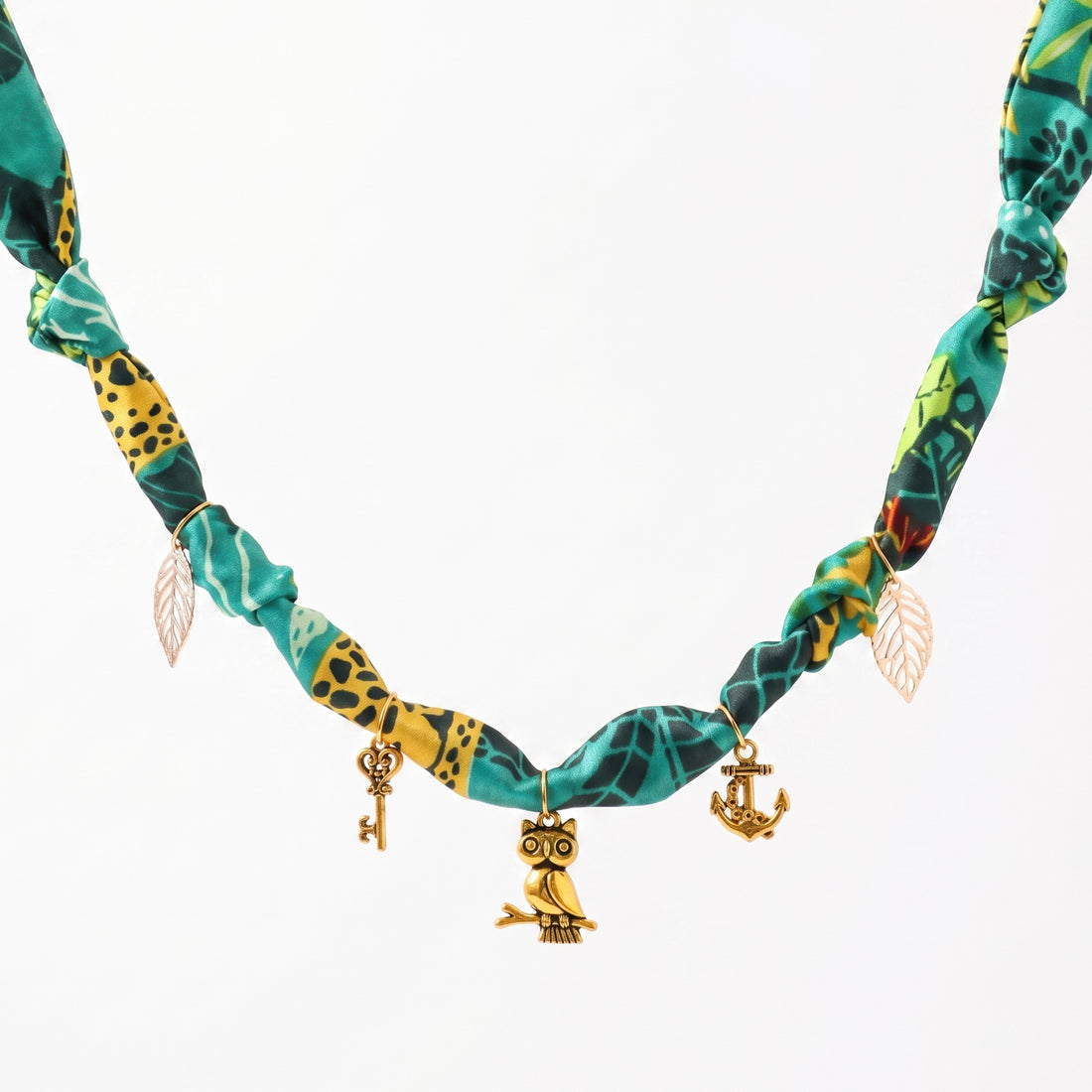 PRAO Necklace Cum Bracelet Anti-Tarnish Turquoise And Yellow Patterned Fabric Choker With Key, Owl, Leaf And Anchor Charms