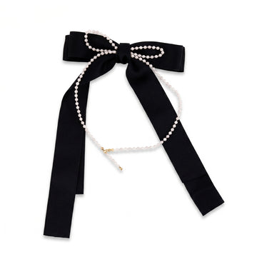 PRAO Hair Clip Anti-Tarnish Black Satin Bow With Faux Pearls