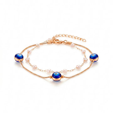 PRAO Anklet Anti-Tarnish Layered With Blue Evil Eye Charms And Heart Accents