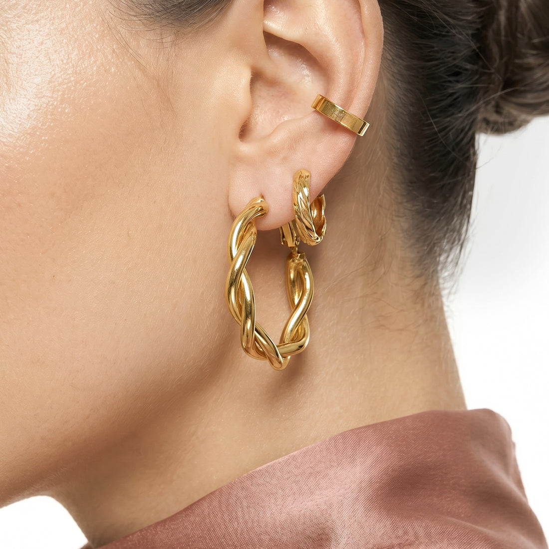 PRAO 3 Earrings Anti-Tarnish Twisted Rope Hoop Set With Petite Hoops