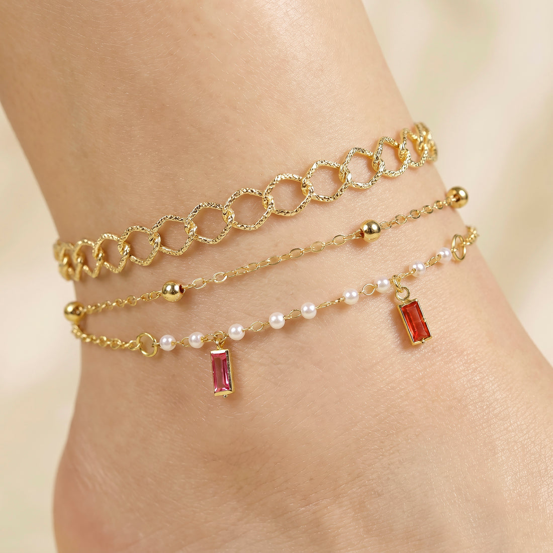 PRAO 3 Anklet Anti-Tarnish Chain With Colorful Charms And Faux Pearls (Color May Vary)