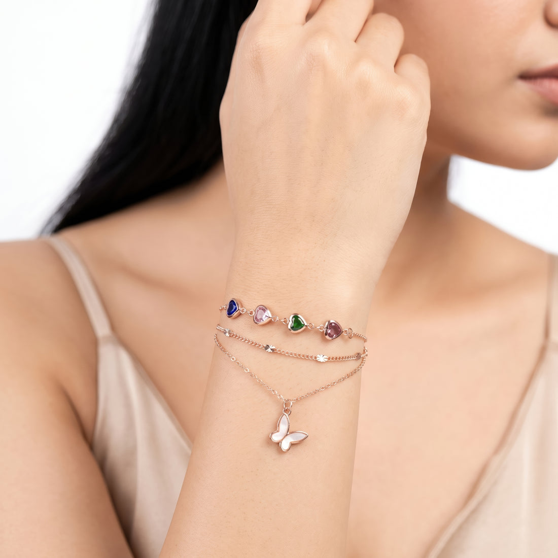 PRAO Bracelet Anti-Tarnish Butterfly Heart Crystal Chain (Adjustable Size)
