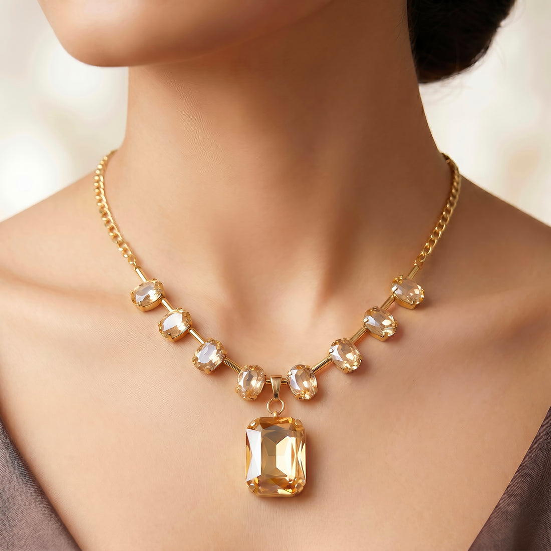 PRAO Necklace Anti-Tarnish Spacer Oval Crystal With Rectangle Crystal Pendant