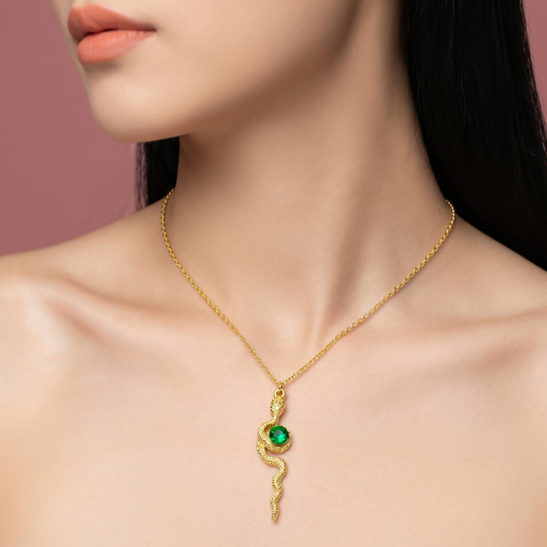 PRAO Necklace Anti-Tarnish Emerald Snake Pendant