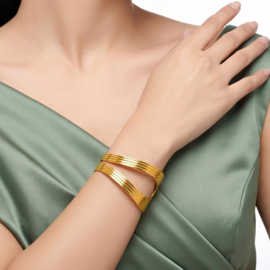 PRAO Bracelet Anti-Tarnish Wide Ribbed Metallic Bangles (Adjustable Size)