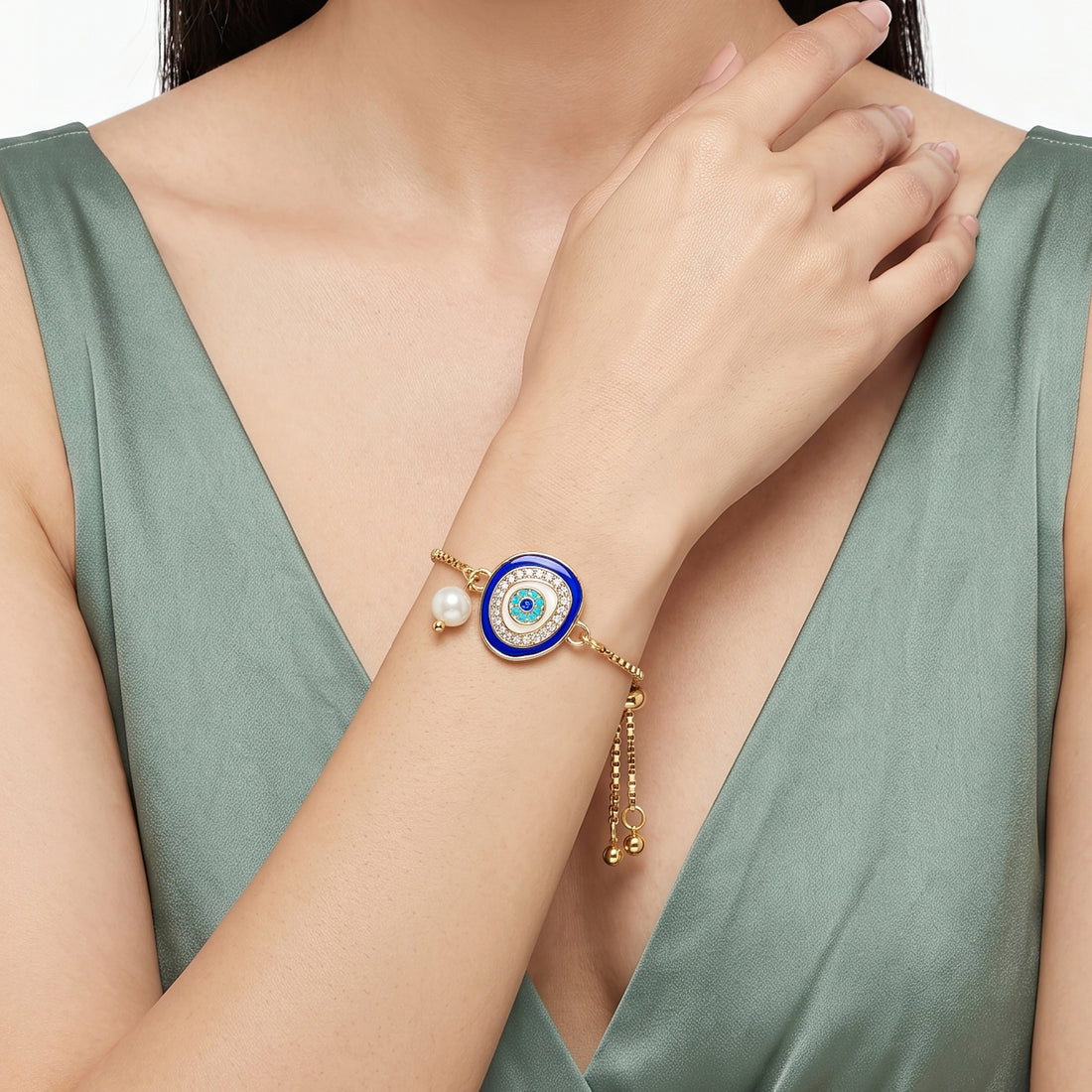PRAO Bracelet Anti-Tarnish Evil Eye Pearl Chain (Adjustable Size)