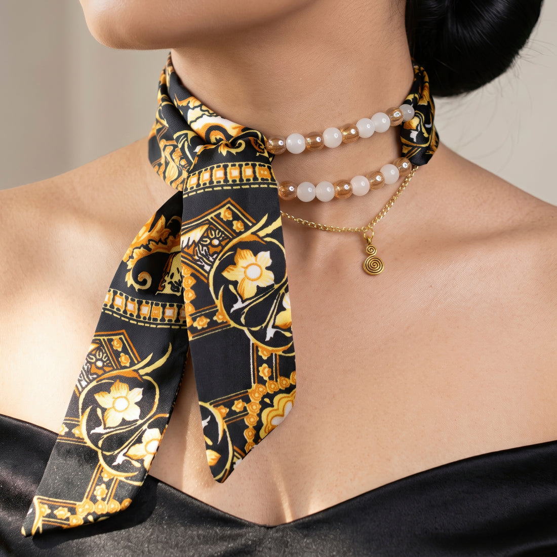 PRAO Necklace Anti-Tarnish Pearl Spiral Satin Scarf Set