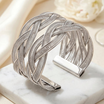 PRAO Bracelet Anti-Tarnish Wide Cuff With Braided Pattern (Adjustable Size)