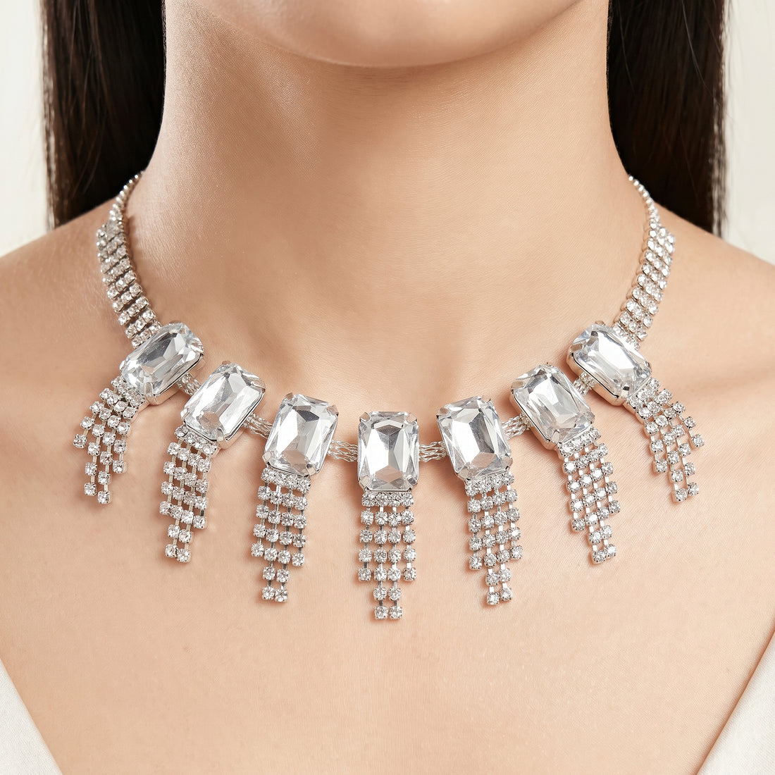 PRAO Necklace Anti-Tarnish Crystal Rectangle Fringe Set With Earrings