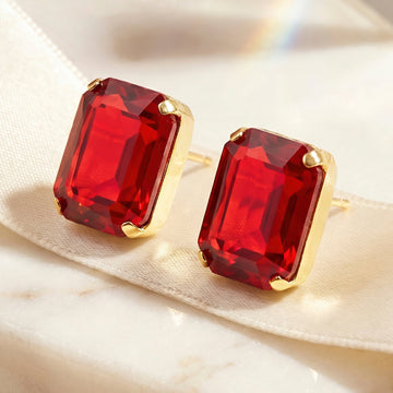 PRAO Earrings Anti-Tarnish Ruby Red Emerald-Cut Crystal Studs