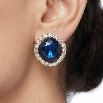 PRAO Earrings Anti-Tarnish Sapphire Cushion Crystal Halo Studs
