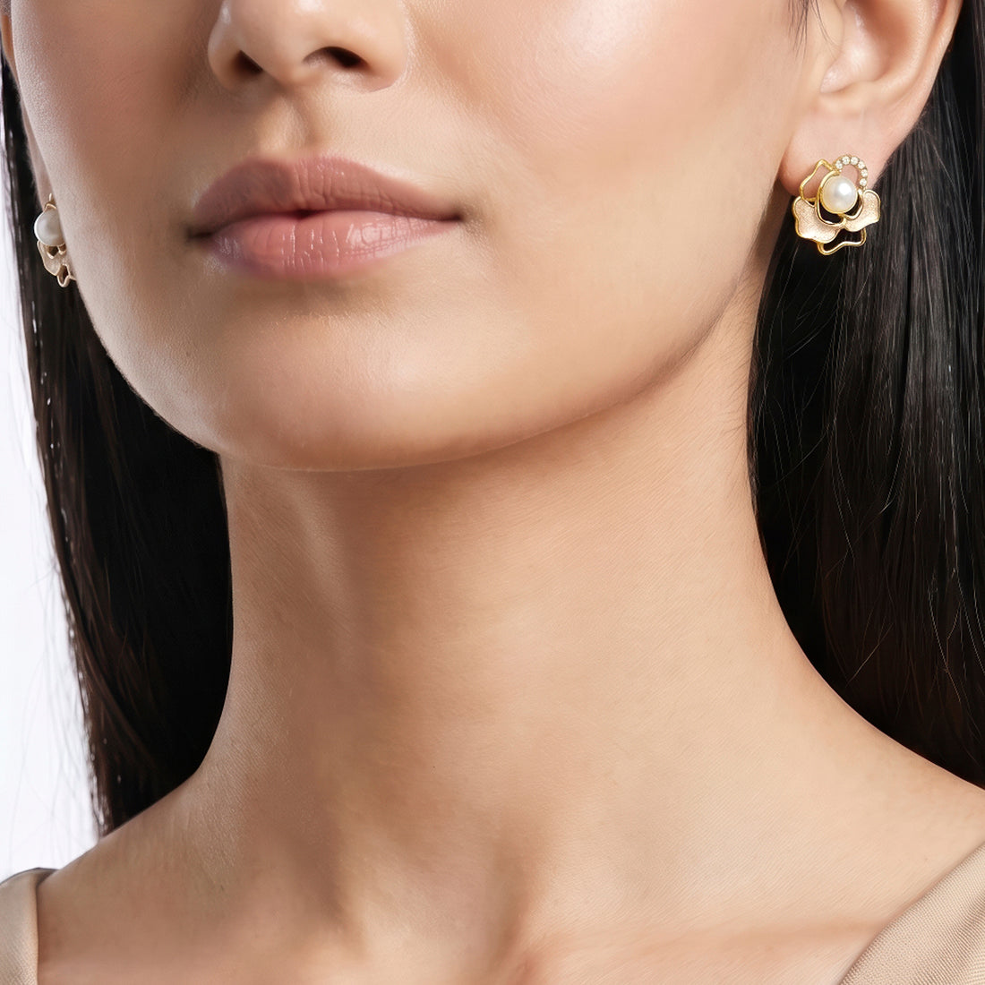 PRAO Earrings Anti-Tarnish Floral Studs With Pearl & Rhinestone Accents