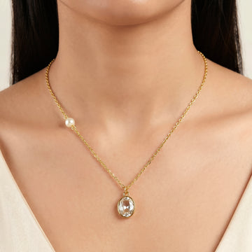 PRAO Necklace Anti-Tarnish Oval Crystal Pendant With Faux Pearl Accent
