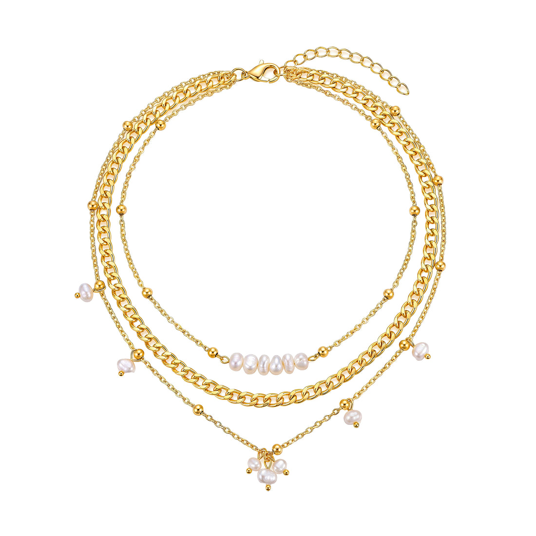 PRAO Necklace Anti-Tarnish Triple Layered High Fashion Gold Plated Set