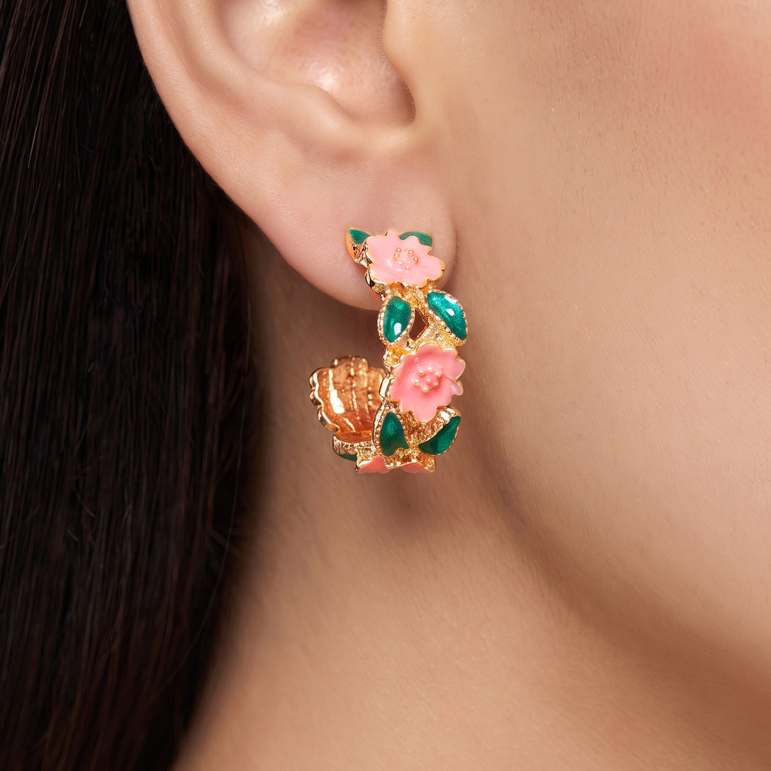 PRAO Earrings Anti-Tarnish Floral Enamel Hoops
