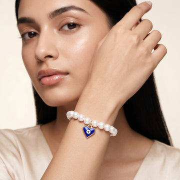 PRAO Bracelet Stretchable Pearls With Evil Eye Heart (Adjustable Size)