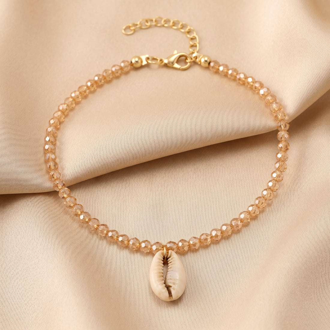 PRAO Anklet Anti-Tarnish Champagne Crystal Bead Chain With Cowrie Shell Charms