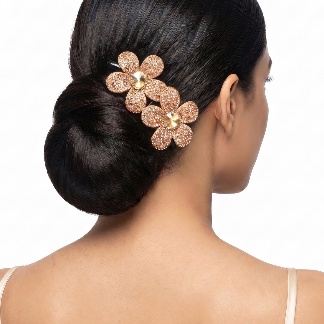 PRAO Hair Comb Sparkling Floral Pair Pavé Crystal Champagne Center Stone