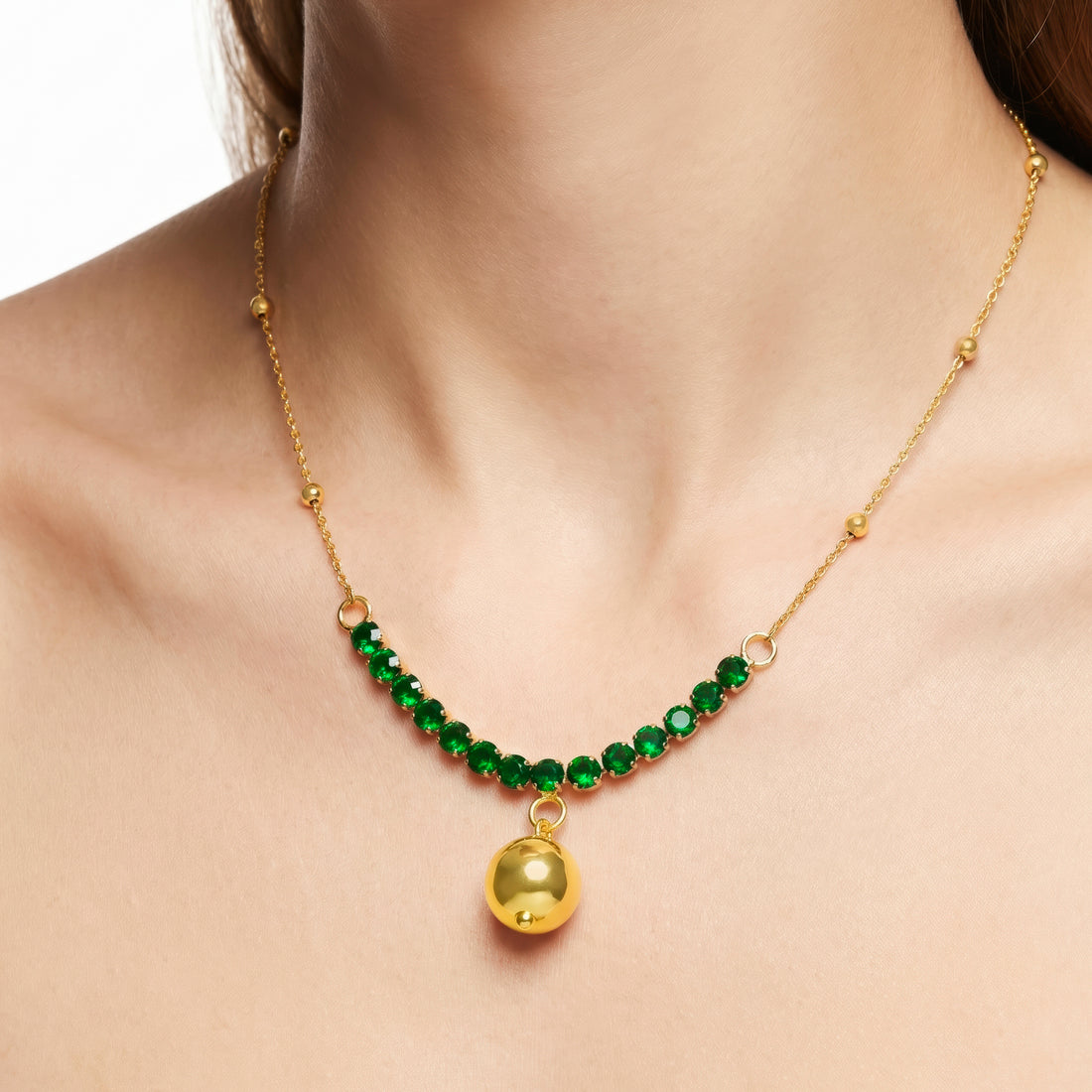 PRAO Necklace Anti-Tarnish Emerald Ball Pendant