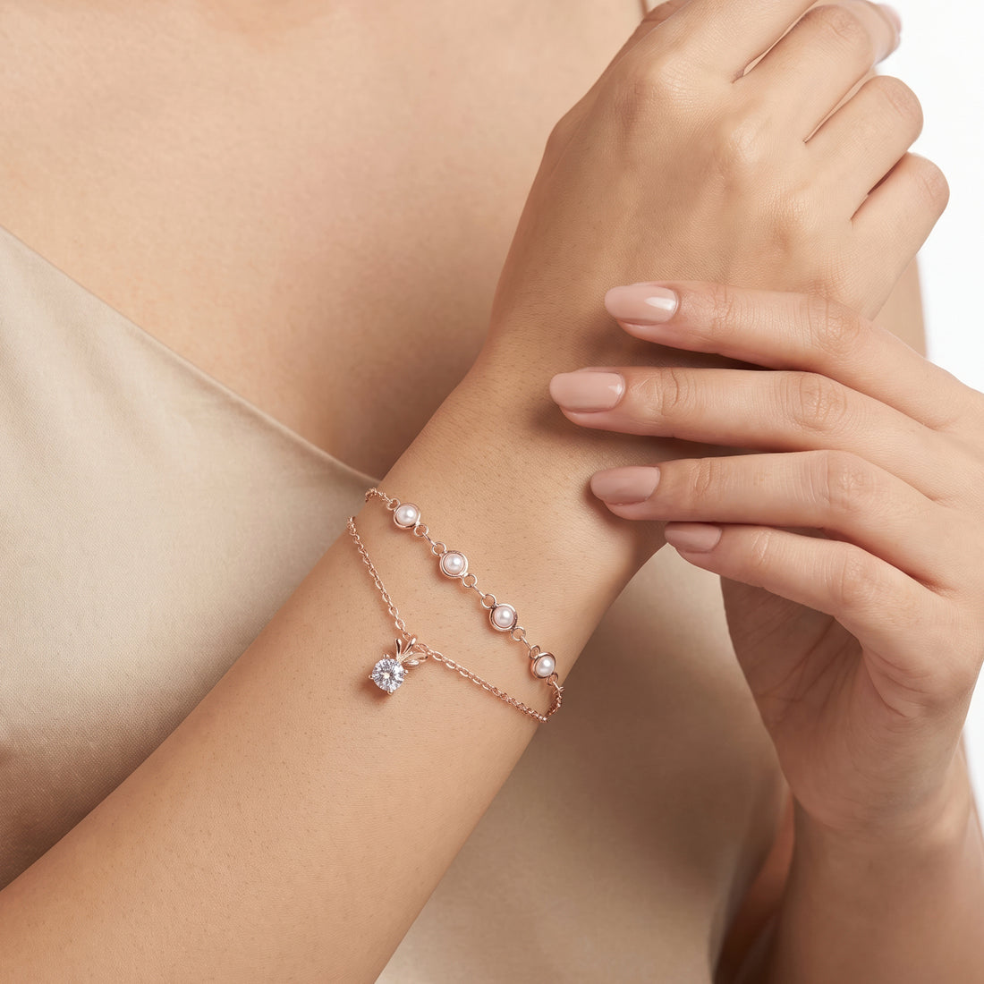 PRAO Bracelet Anti-Tarnish Pearl Solitaire Dual Chain Set (Adjustable Size)