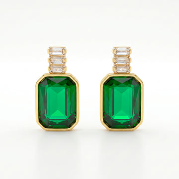 PRAO Earrings Anti-Tarnish Baguette Chain & Emerald Crystal Dangles