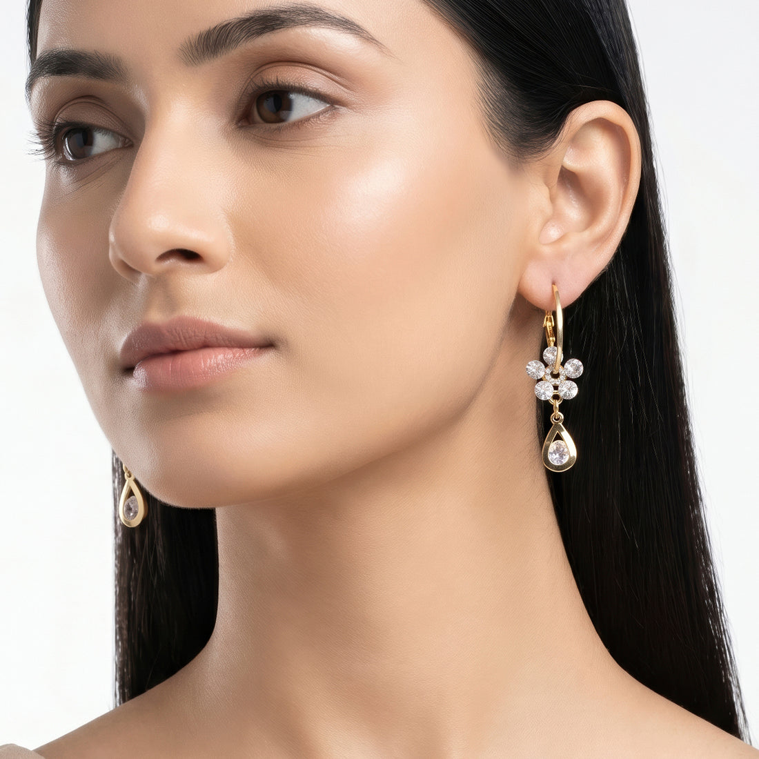 PRAO Earrings Anti-Tarnish Crystal Flower Teardrop Hoops