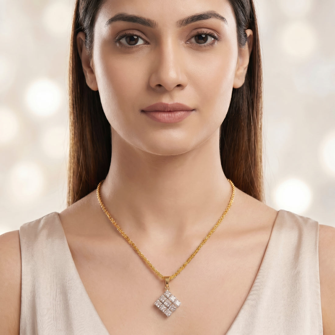 PRAO Necklace Anti-Tarnish Geometric Square Crystal Pendant