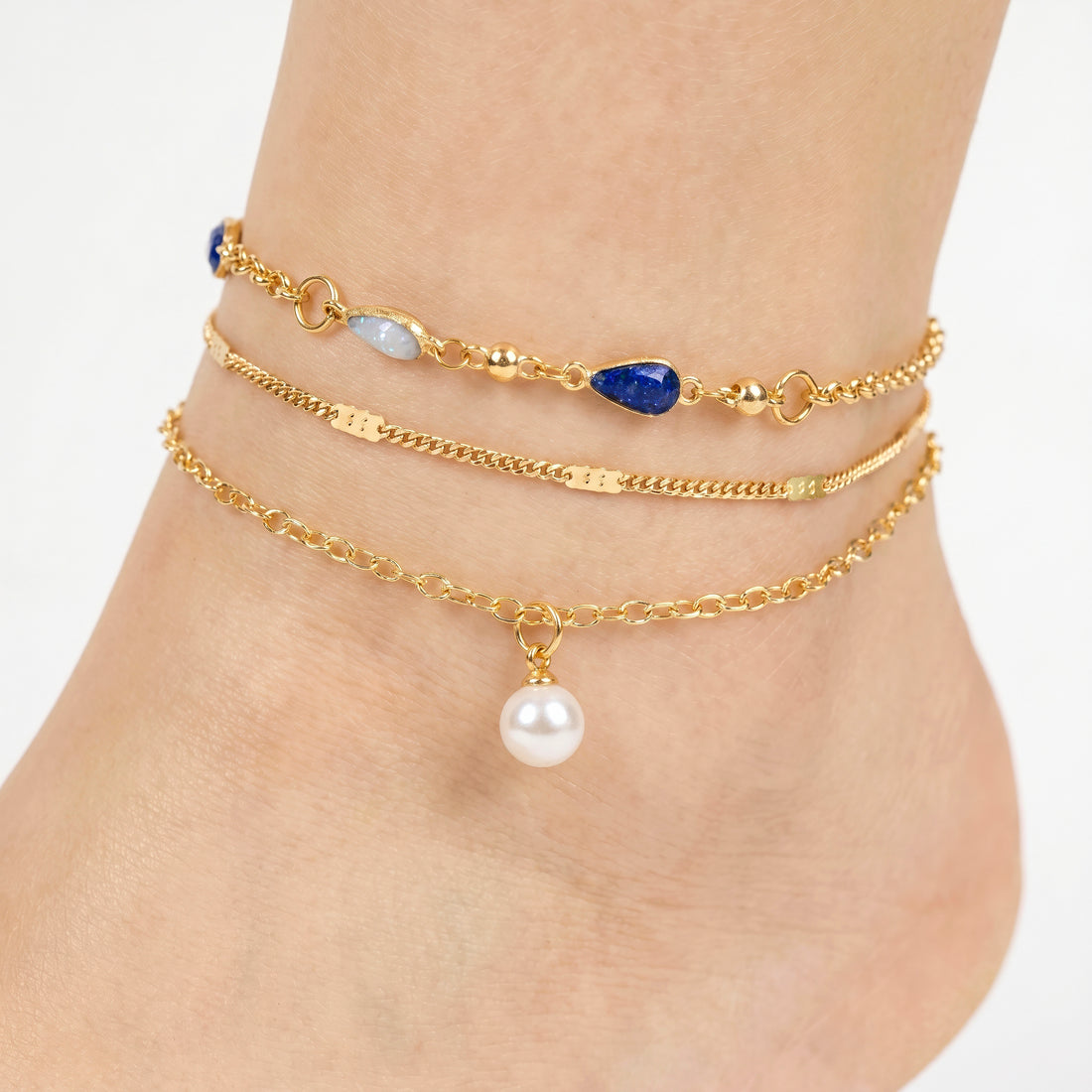 PRAO 3 Anklet Anti-Tarnish Three-Layered With Pearl And Enamel Charms (Color May Vary)