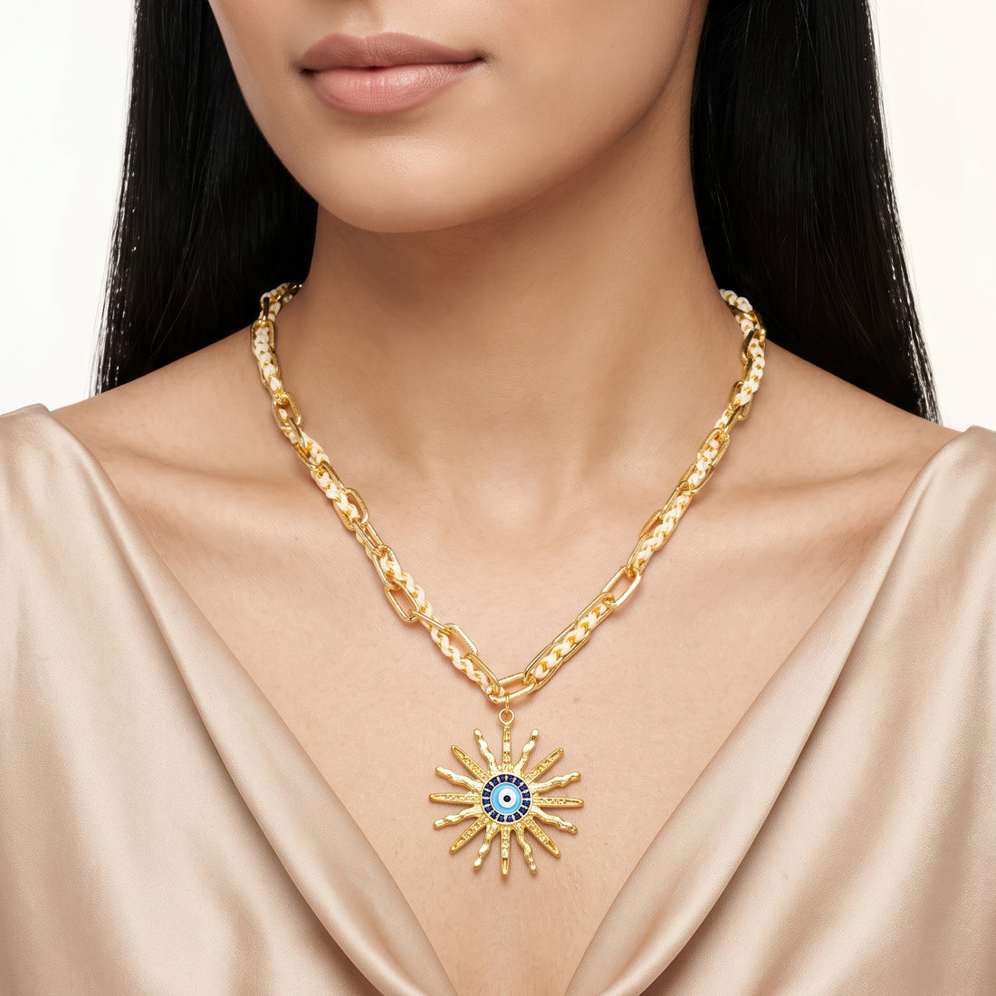 PRAO Necklace Anti-Tarnish Sunburst Evil Eye Chain