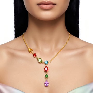 PRAO Necklace Anti-Tarnish Gold Plated Multi-Coloured Crystals