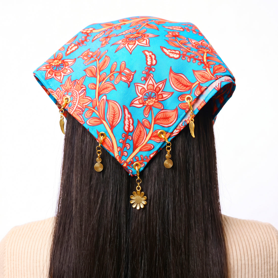 PRAO Scarf Necklace Anti-Tarnish Blue And Coral Floral With Assorted Clip-On Detachable Charms