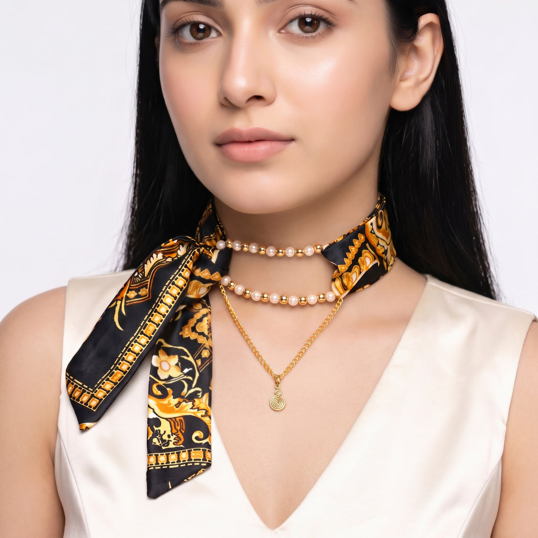 PRAO Necklace Cum Bracelet Anti-Tarnish Black And Gold Printed Silk Scarf Tie With Double Pearl Strands And Spiral Pendant Chain