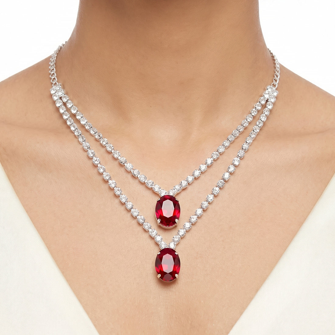 PRAO Necklace Anti-Tarnish Double Layer Crystal Pendant Set With Earrings