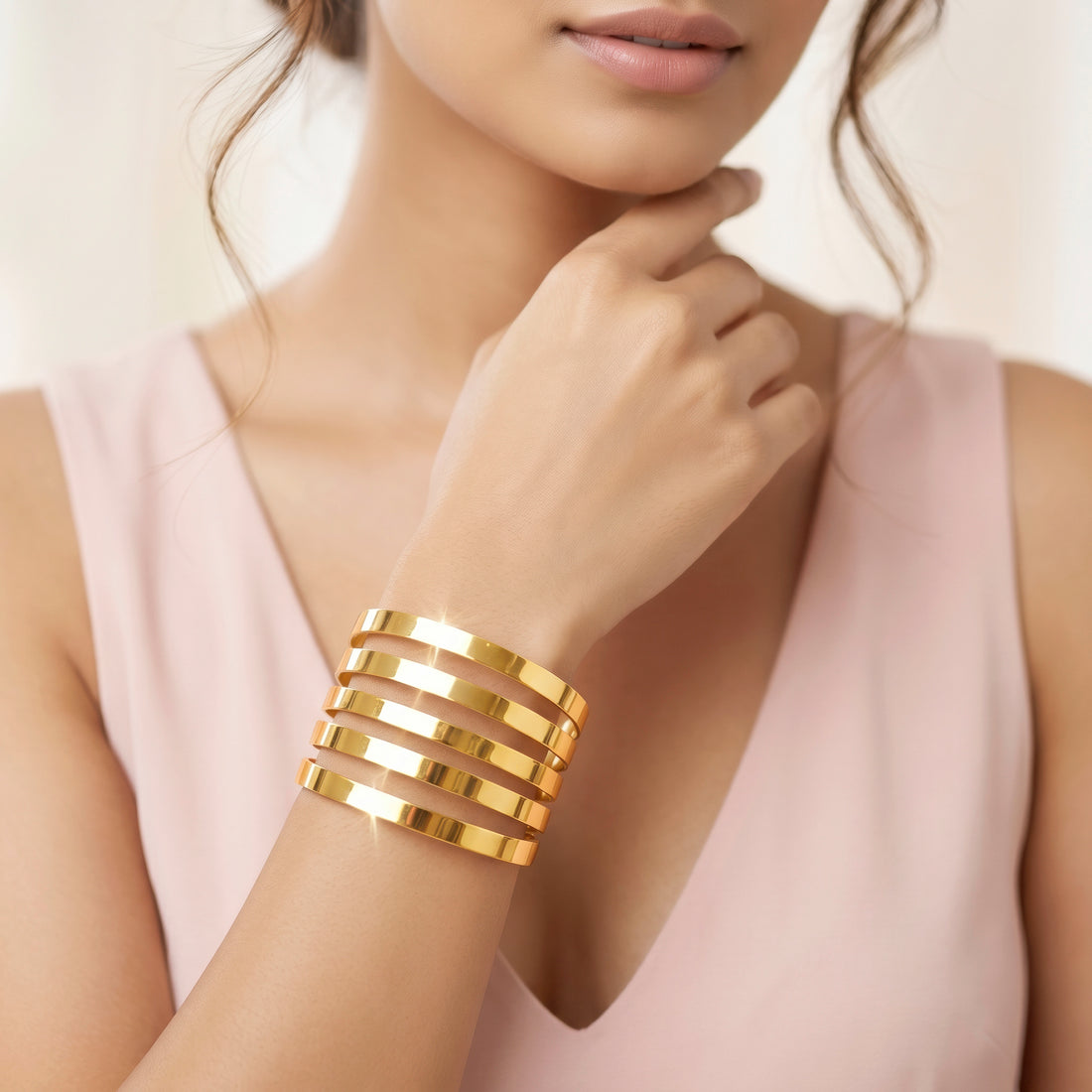 PRAO Bracelet Anti-Tarnish Stacked Look Cuff (Adjustable Size)