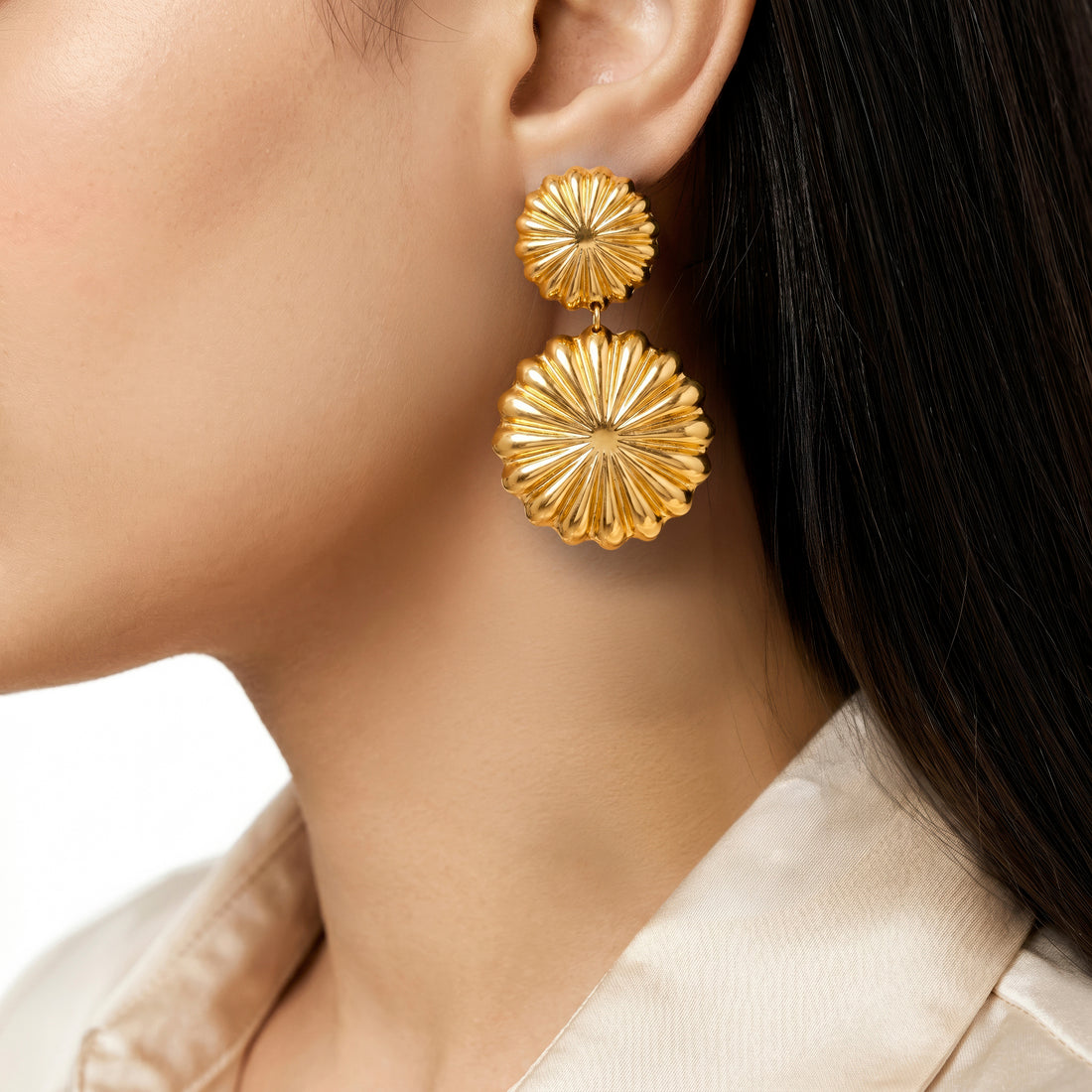 PRAO Earrings Anti-Tarnish Tiered Sunburst Disc Dangles