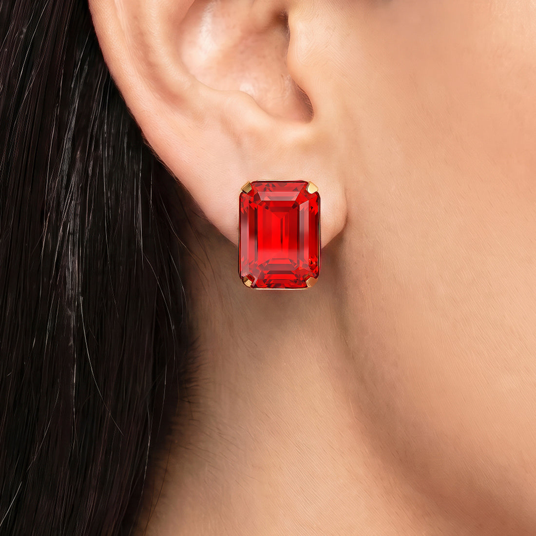 PRAO Earrings Anti-Tarnish Ruby Red Emerald-Cut Crystal Studs