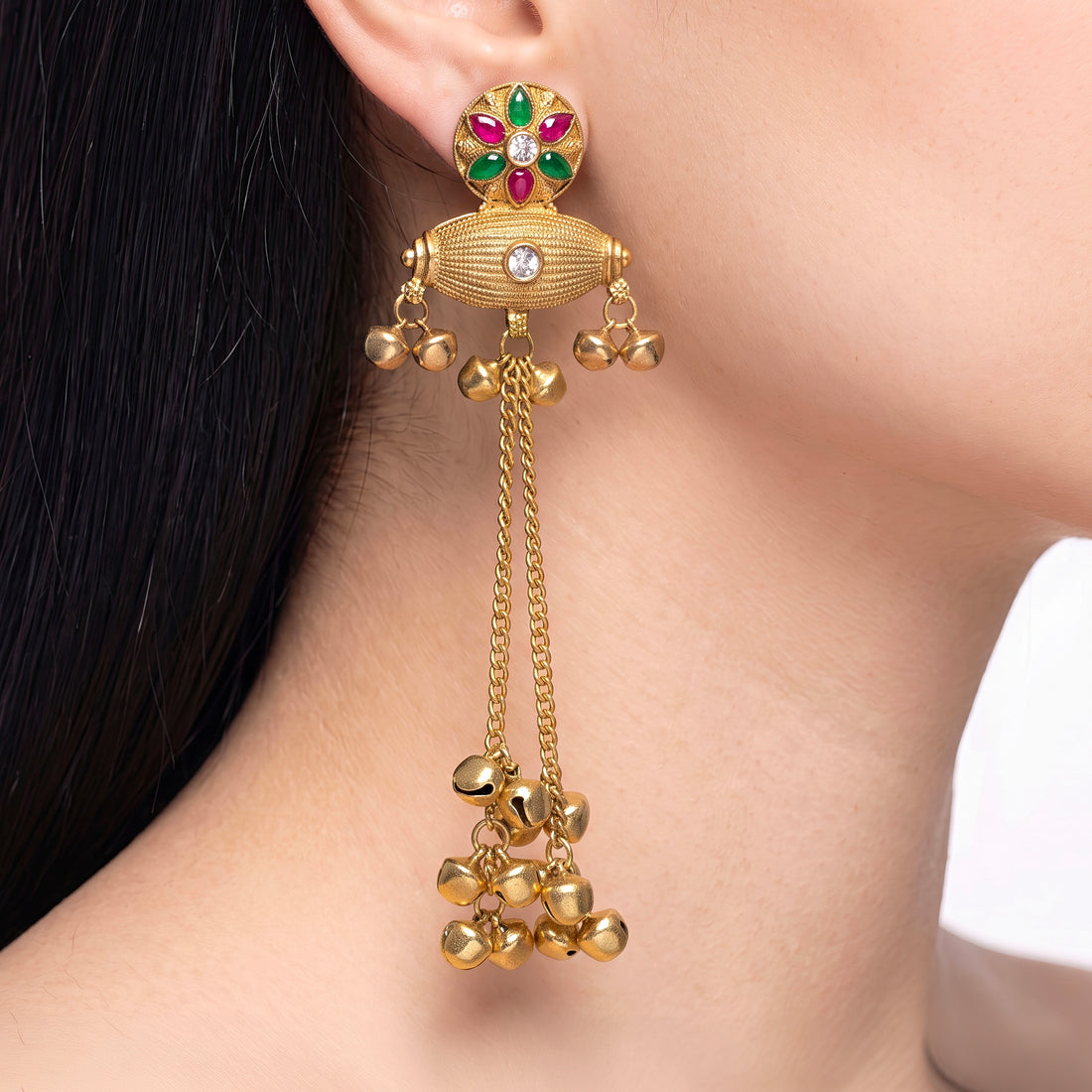 PRAO Earrings Anti-Tarnish Floral Ghungroo Dangles