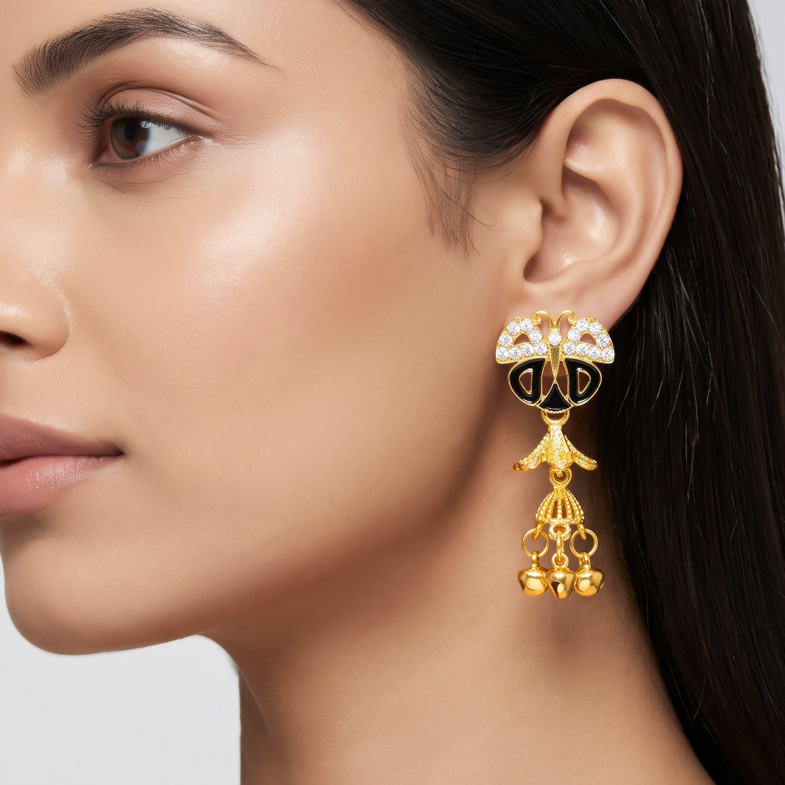 PRAO Earrings Anti-Tarnish Butterfly Jhumka Dangles With Floral Cones And Bell Charms