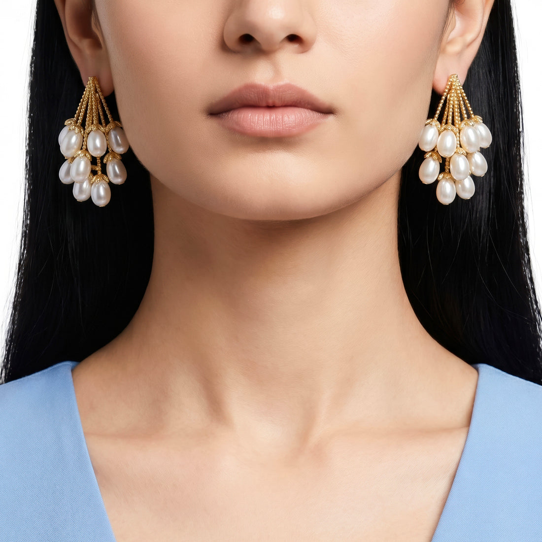 PRAO Earrings Anti-Tarnish Cluster Drop With Cascading Faux Pearls