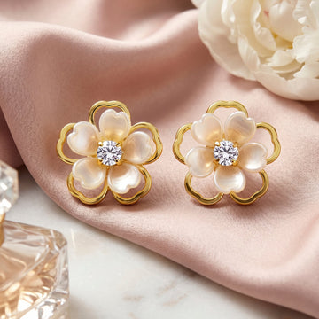 PRAO Earrings Anti-Tarnish Pearl Petal Studs with Crystal Accent