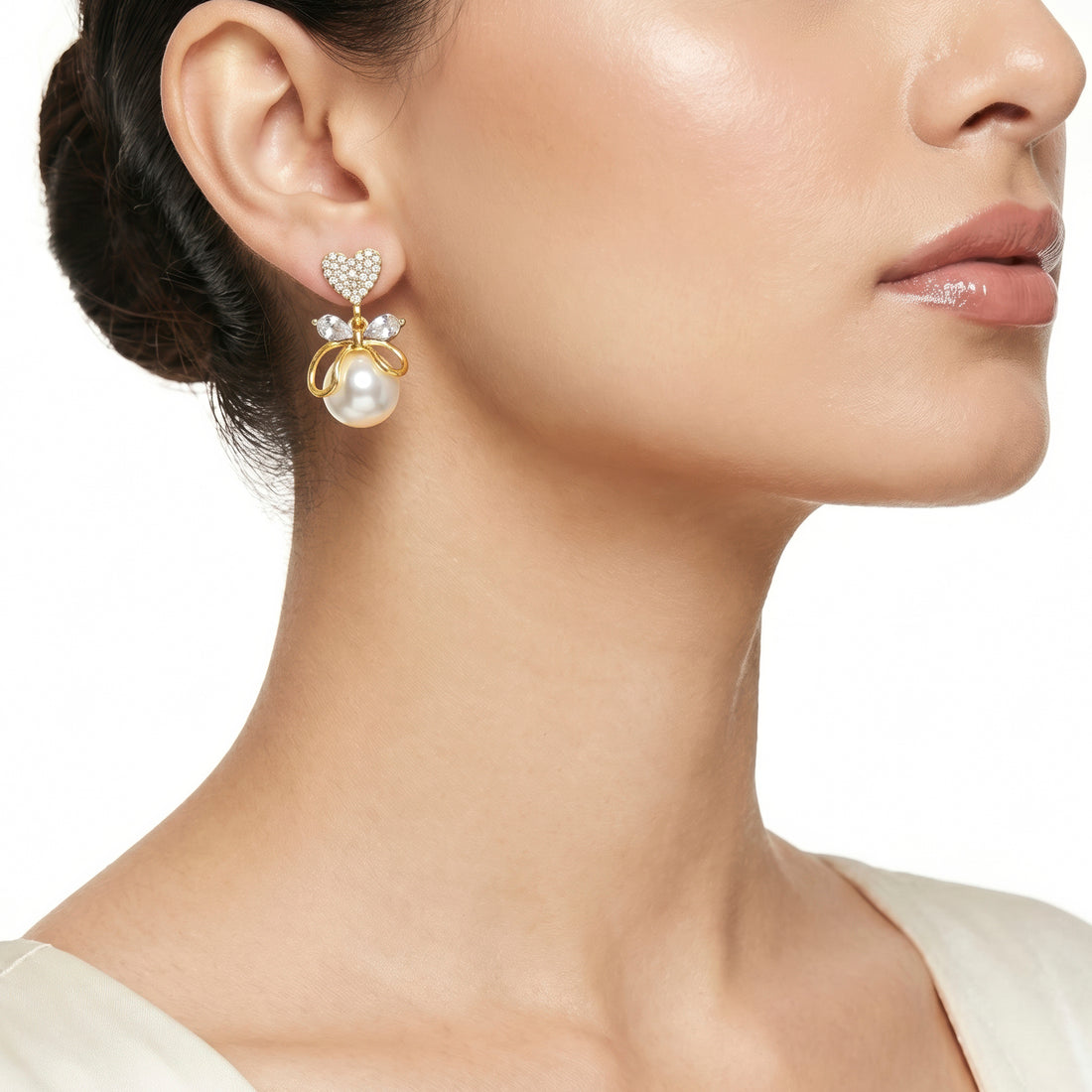 PRAO Earrings Anti-Tarnish Heart Bow Faux Pearl Studs