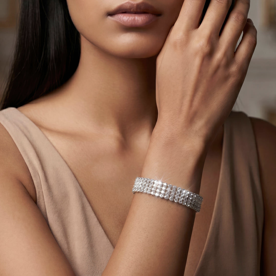 PRAO Bracelet Anti-Tarnish Three-Row Crystal Tennis (Adjustable Size)