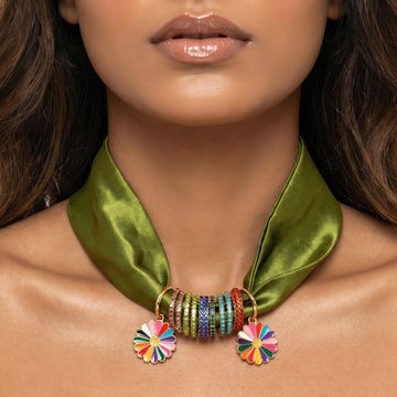 PRAO COMBO With Beaded Green Scarf Necklace & Floral Hoop Earrings Set