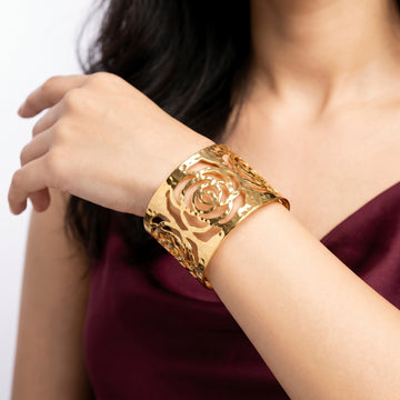 PRAO Bracelet Anti-Tarnish Broad Cuff With Rose Pattern (Adjustable Size)