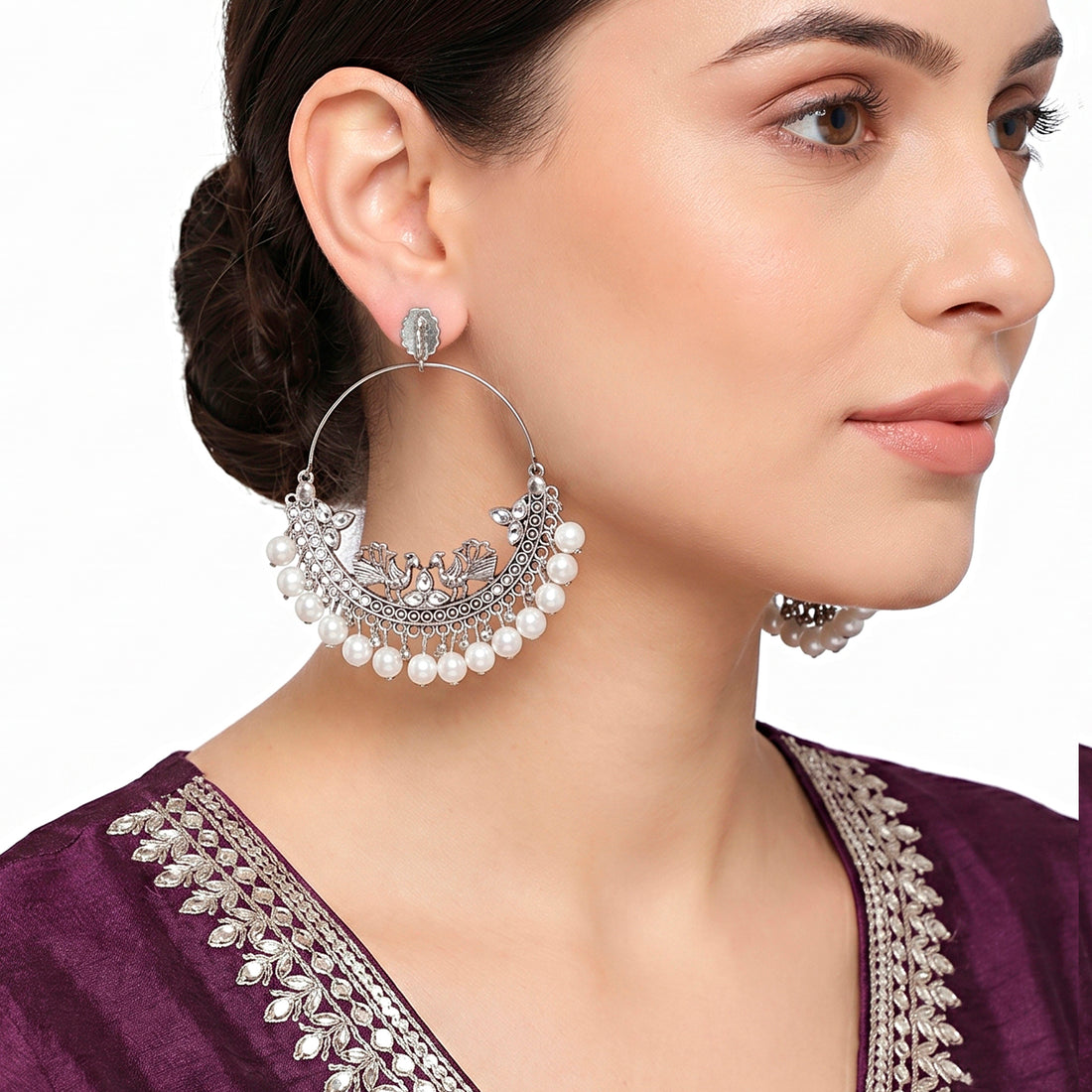 PRAO Earrings Anti-Tarnish Ornate Hoops Crescent Peacock Crystal Pearls