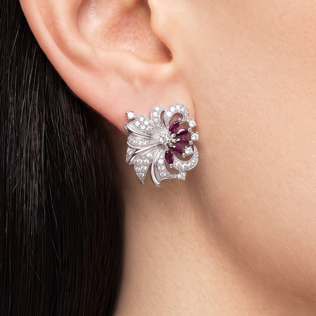 PRAO Earrings Anti-Tarnish Purple Floral Studs