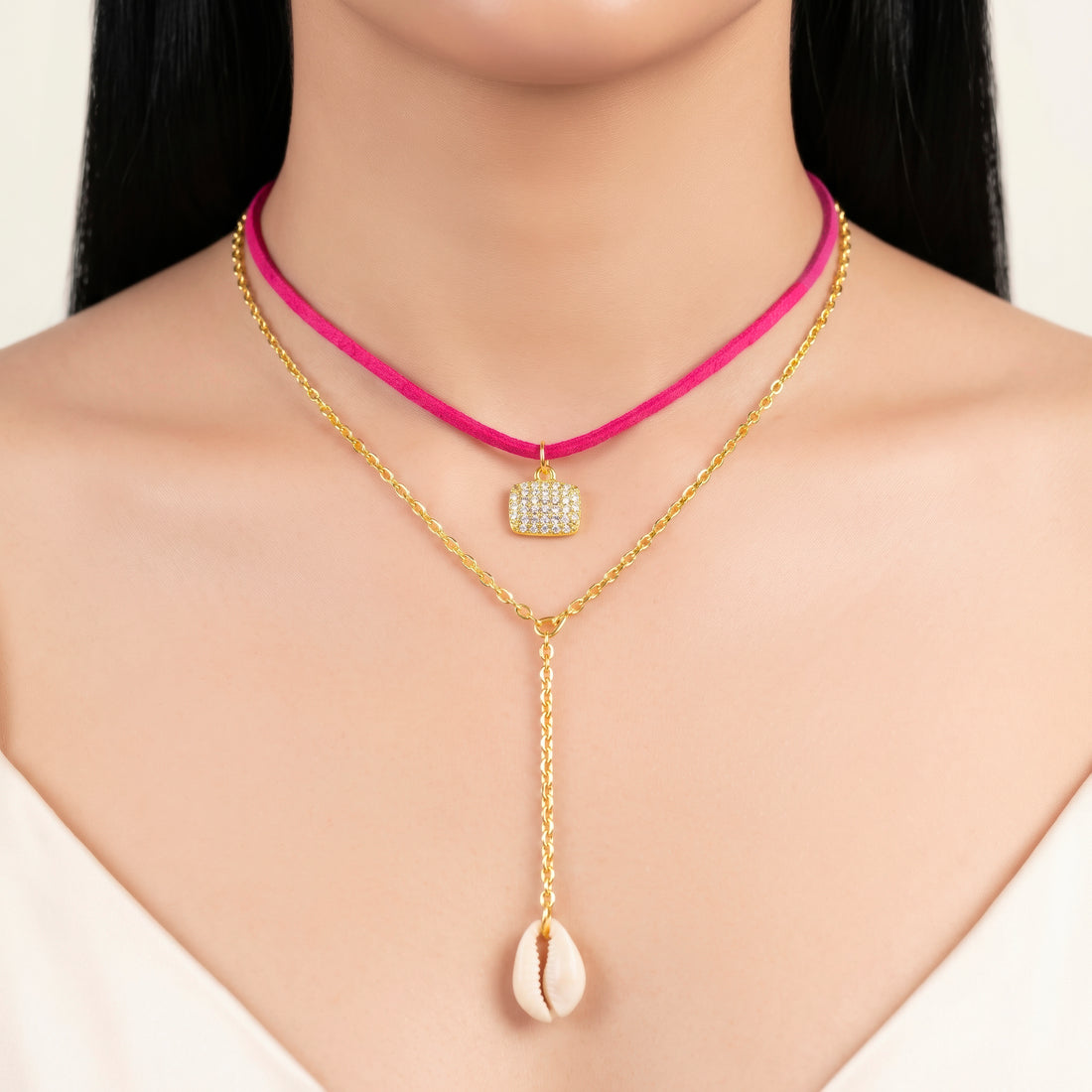 PRAO Necklace Anti-Tarnish Layered Chain With Pink Cord, Square Pendant, And Cowrie Shell Drop