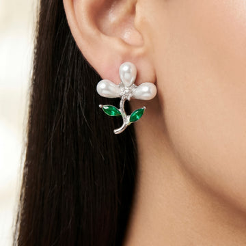 PRAO Earrings Anti-Tarnish Floral With Green Crystal Accents