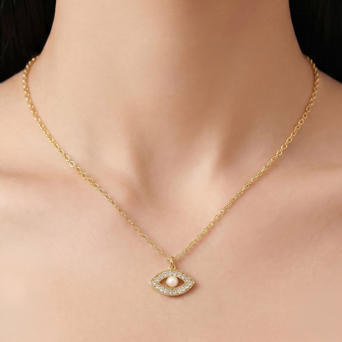 PRAO Necklace Anti-Tarnish Evil Eye Pendant With Pearl Center