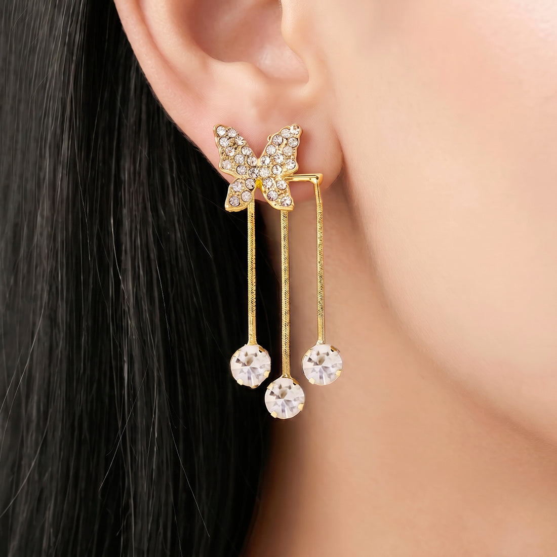 PRAO Earrings Anti-Tarnish Butterfly Tassel Drop With Rhinestones
